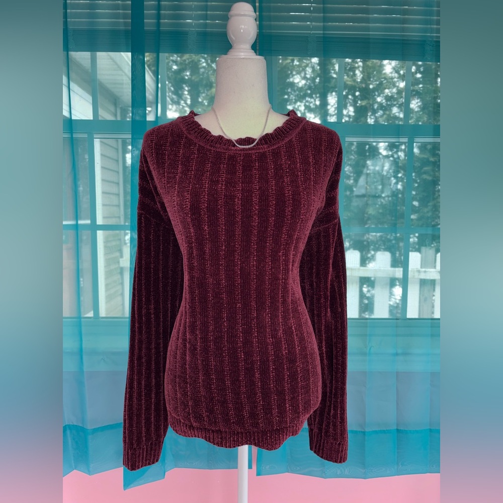 Ava & Viv 2X Rich Maroon Burgundy Ribbed Chenille Crew Neck Sweater Pullover